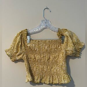 Mustard Yellow/ White Floral Off-the-Shoulder Cinched Top